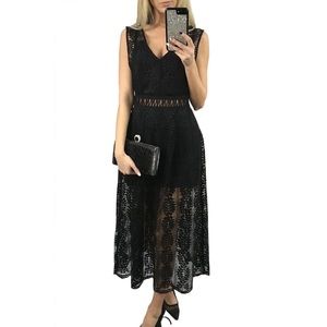 Black Contrast Lace High Waist Sleeveless
Neck Long Dress
